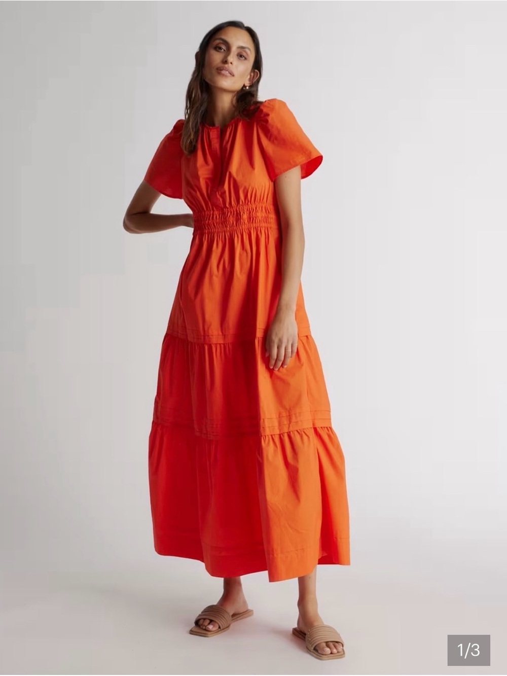 Quince Bright Orange Smocked-Waist Midi Dress